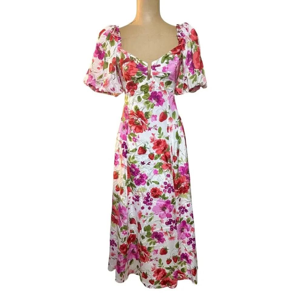 Abercrombie Maxi Dress Strawberry Floral Print Puff Sleeve Sweetheart Neck XS